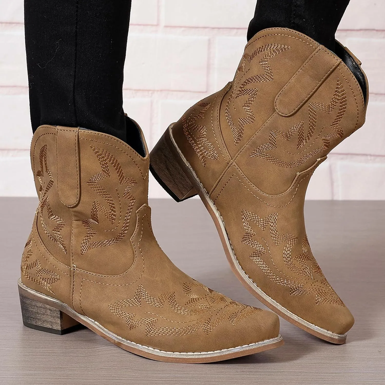 gloryinterest Cowboy Boots for Women Booties Ankle Cowgirl Western Boots Stitched Embroidered Pointed Toe Short Chunky Classic Brown Red Blue US6-10.5