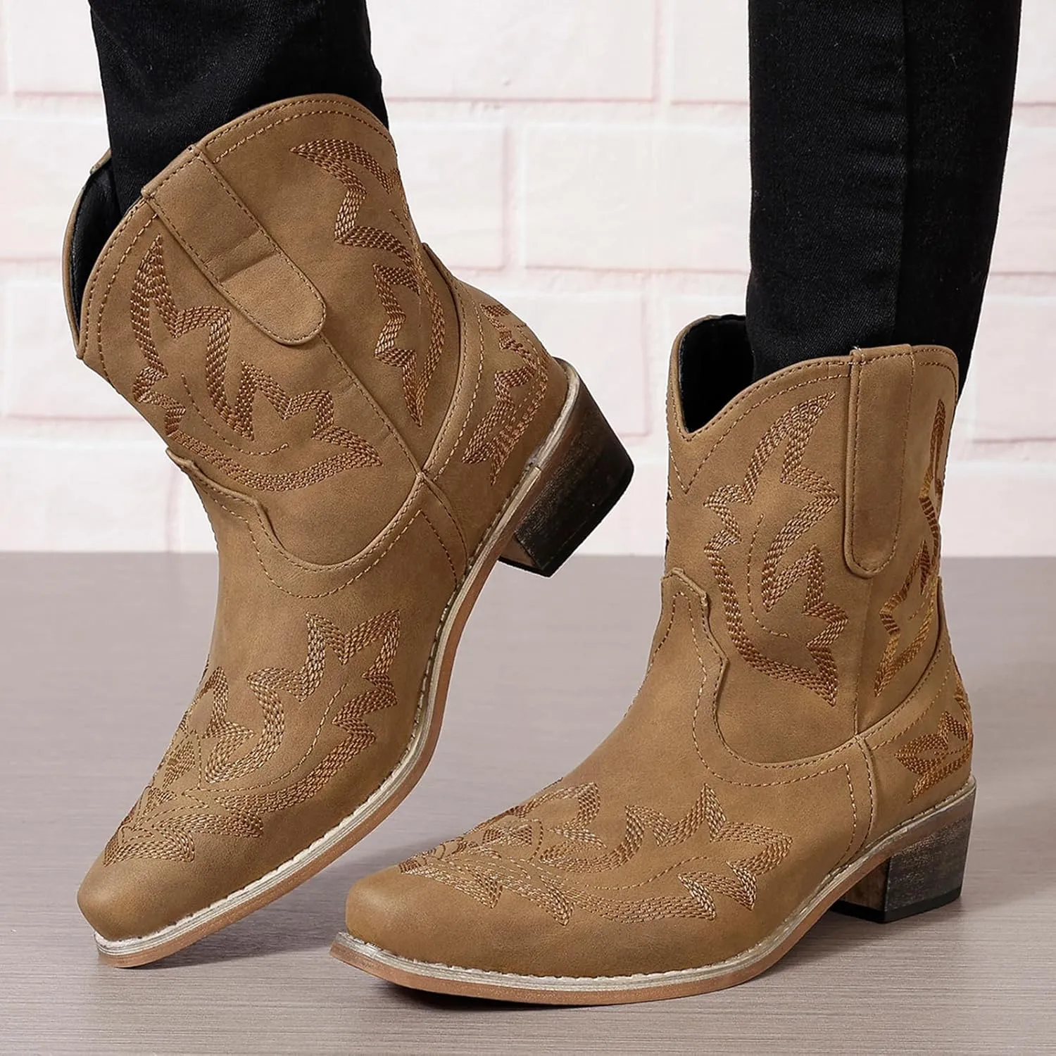 gloryinterest Cowboy Boots for Women Booties Ankle Cowgirl Western Boots Stitched Embroidered Pointed Toe Short Chunky Classic Brown Red Blue US6-10.5