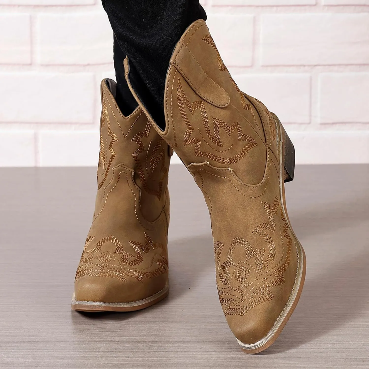 gloryinterest Cowboy Boots for Women Booties Ankle Cowgirl Western Boots Stitched Embroidered Pointed Toe Short Chunky Classic Brown Red Blue US6-10.5