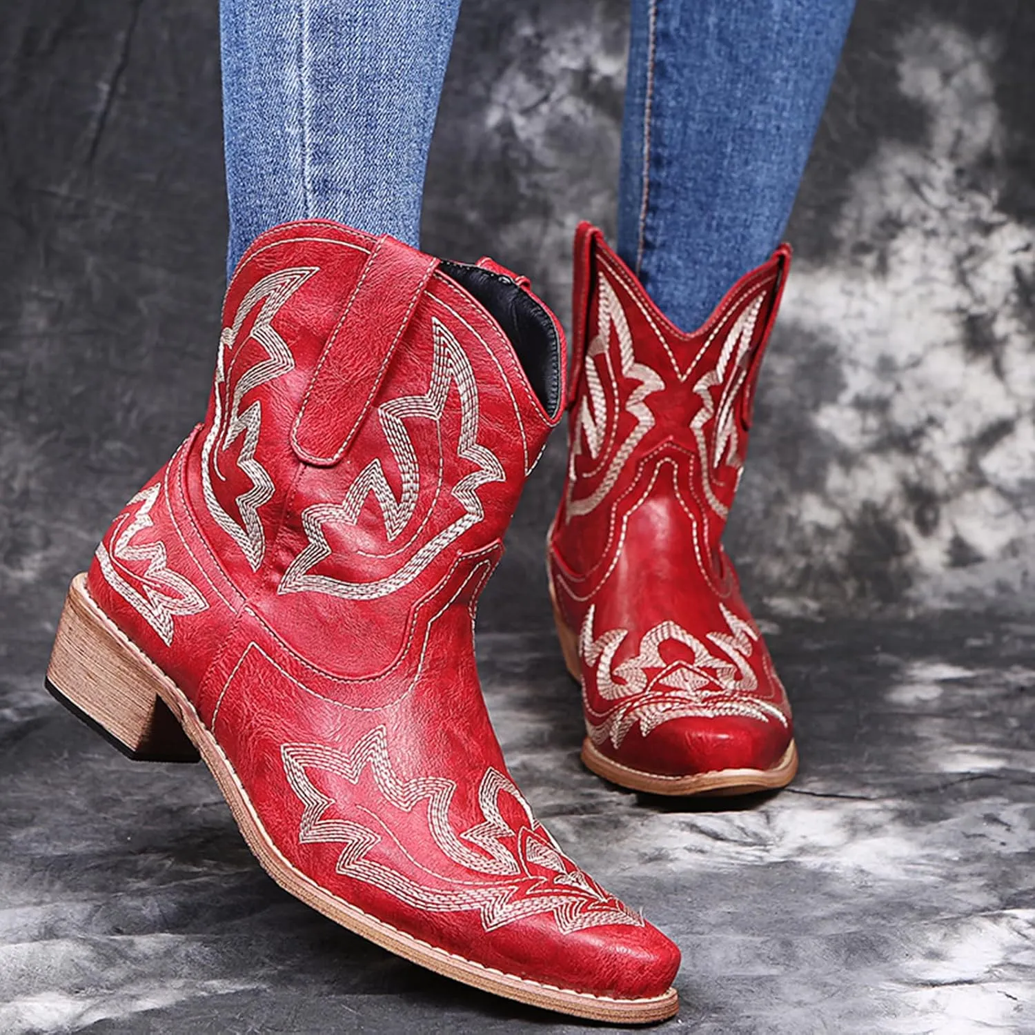gloryinterest Cowboy Boots for Women Booties Ankle Cowgirl Western Boots Stitched Embroidered Pointed Toe Short Chunky Classic Brown Red Blue US6-10.5