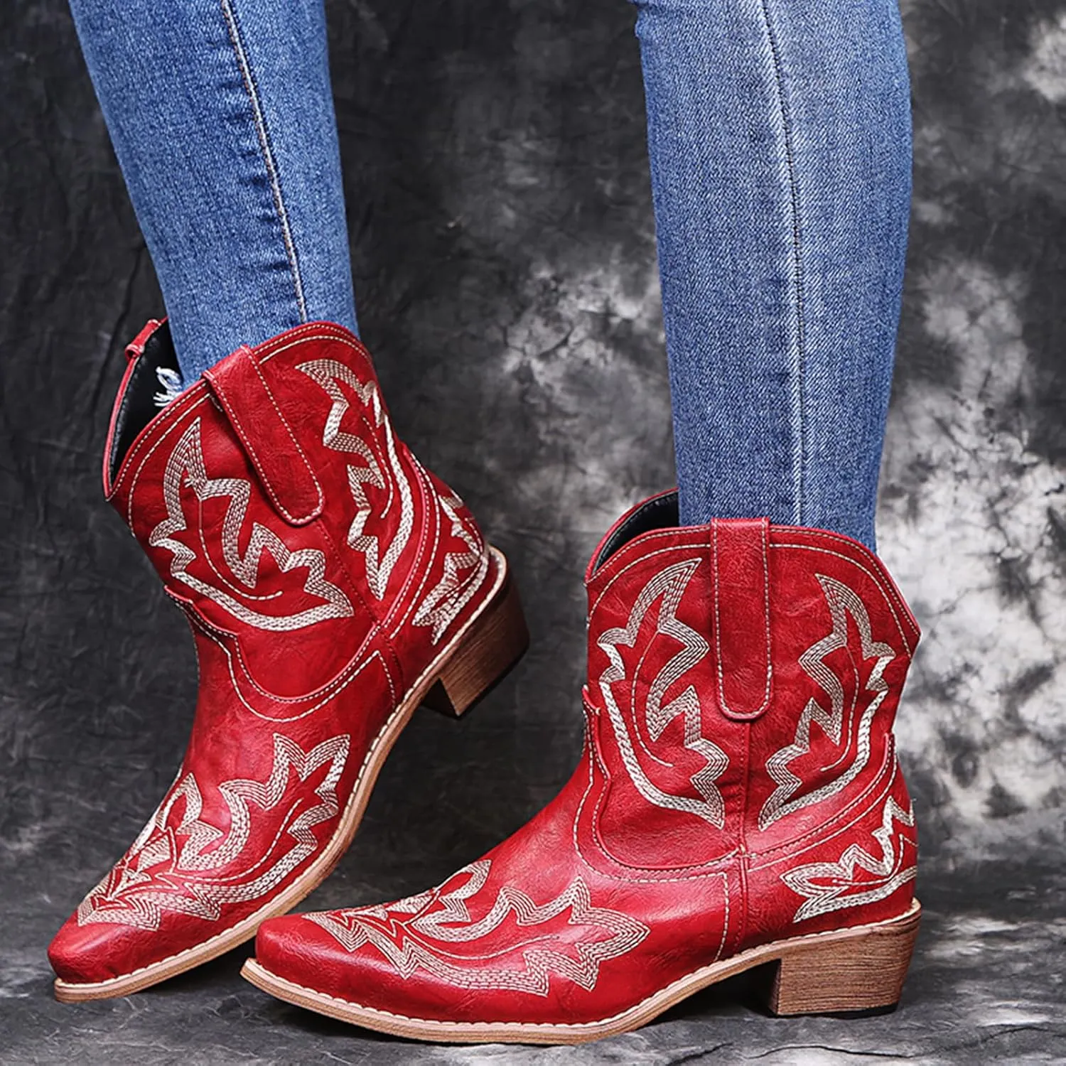 gloryinterest Cowboy Boots for Women Booties Ankle Cowgirl Western Boots Stitched Embroidered Pointed Toe Short Chunky Classic Brown Red Blue US6-10.5