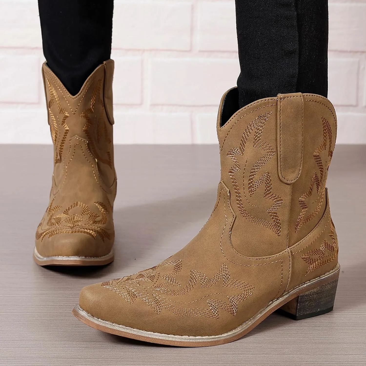 gloryinterest Cowboy Boots for Women Booties Ankle Cowgirl Western Boots Stitched Embroidered Pointed Toe Short Chunky Classic Brown Red Blue US6-10.5