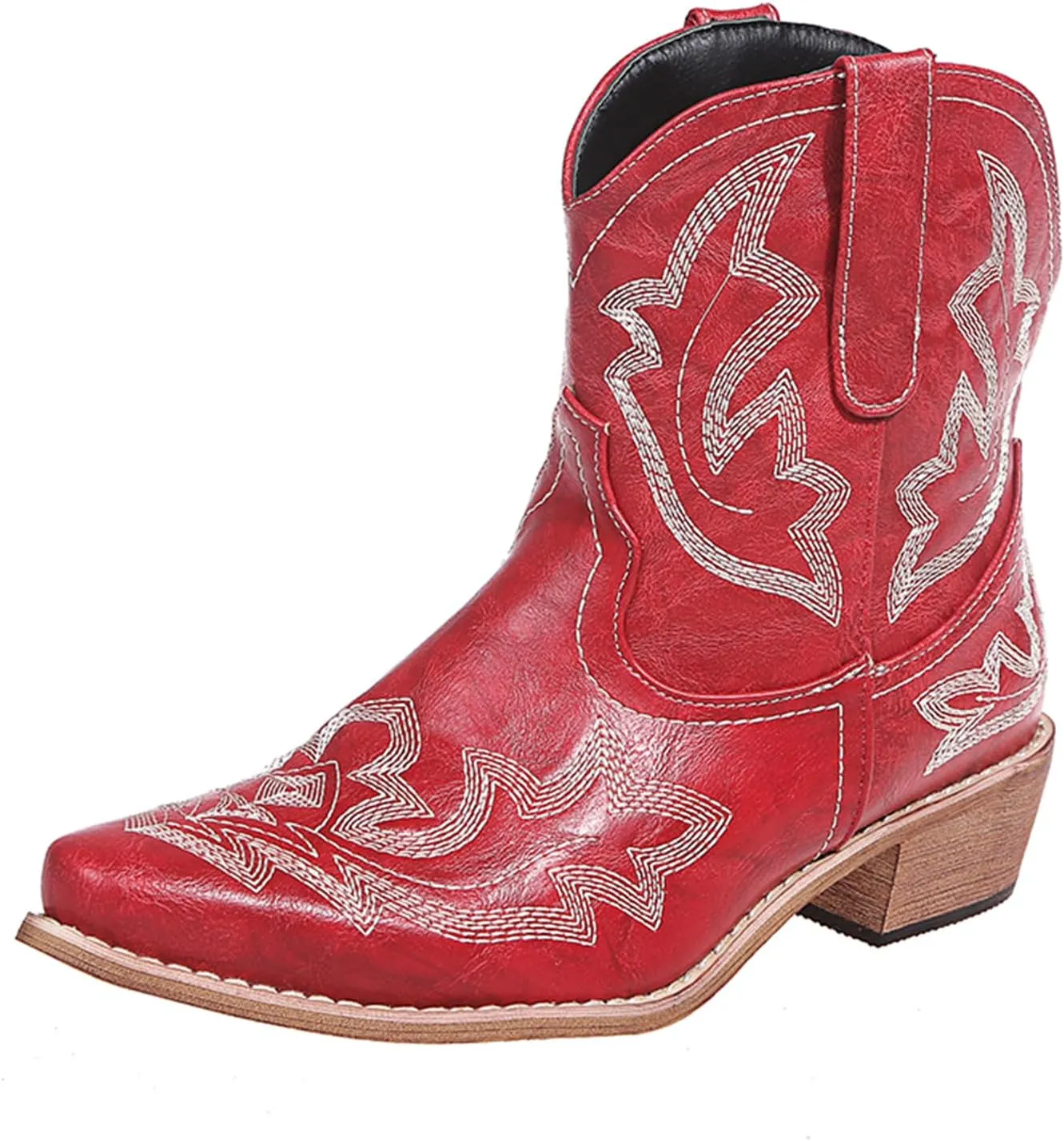 gloryinterest Cowboy Boots for Women Booties Ankle Cowgirl Western Boots Stitched Embroidered Pointed Toe Short Chunky Classic Brown Red Blue US6-10.5