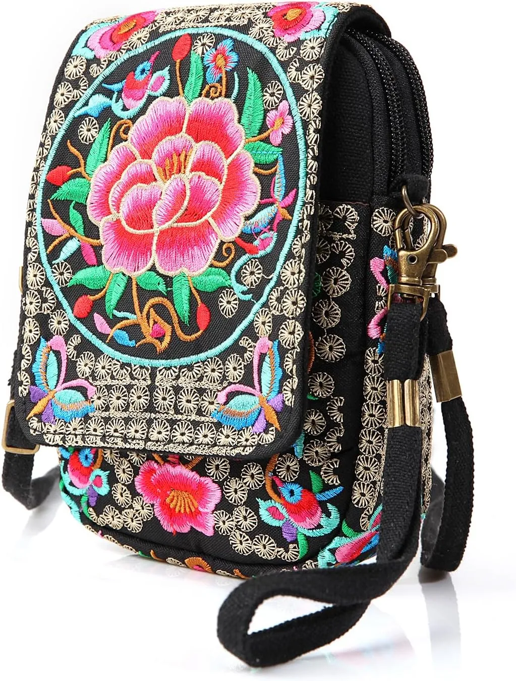 Goodhan Floral Embroidery Crossbody Bag, Mini Canvas Shoulder Bag Cellphone Purse Wristlet Pouch