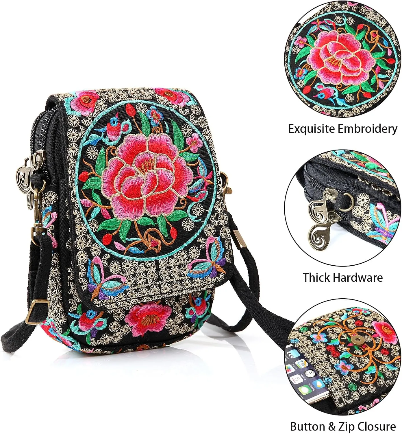 Goodhan Floral Embroidery Crossbody Bag, Mini Canvas Shoulder Bag Cellphone Purse Wristlet Pouch
