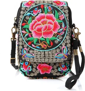 Goodhan Floral Embroidery Crossbody Bag, Mini Canvas Shoulder Bag Cellphone Purse Wristlet Pouch