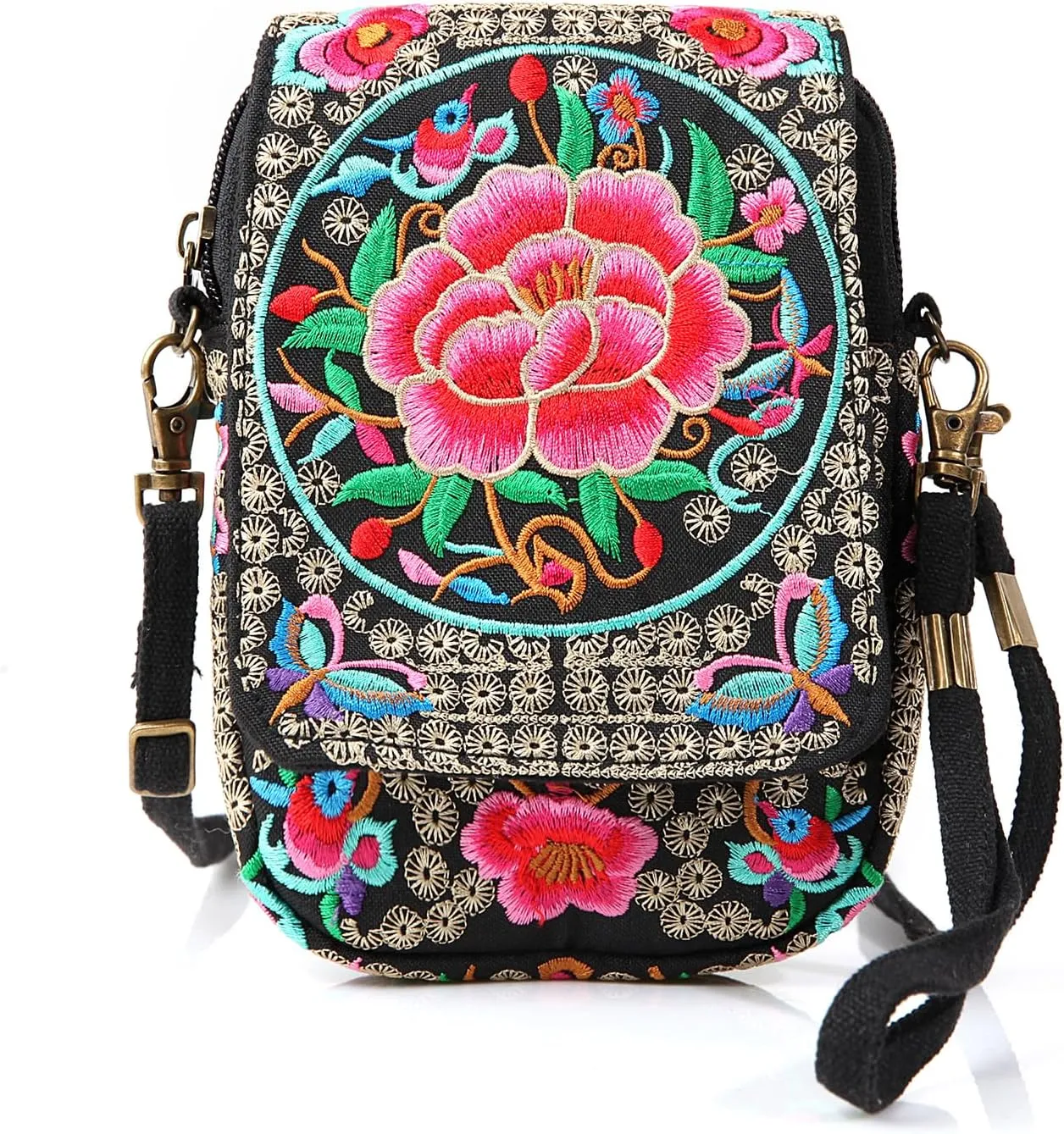 Goodhan Floral Embroidery Crossbody Bag, Mini Canvas Shoulder Bag Cellphone Purse Wristlet Pouch