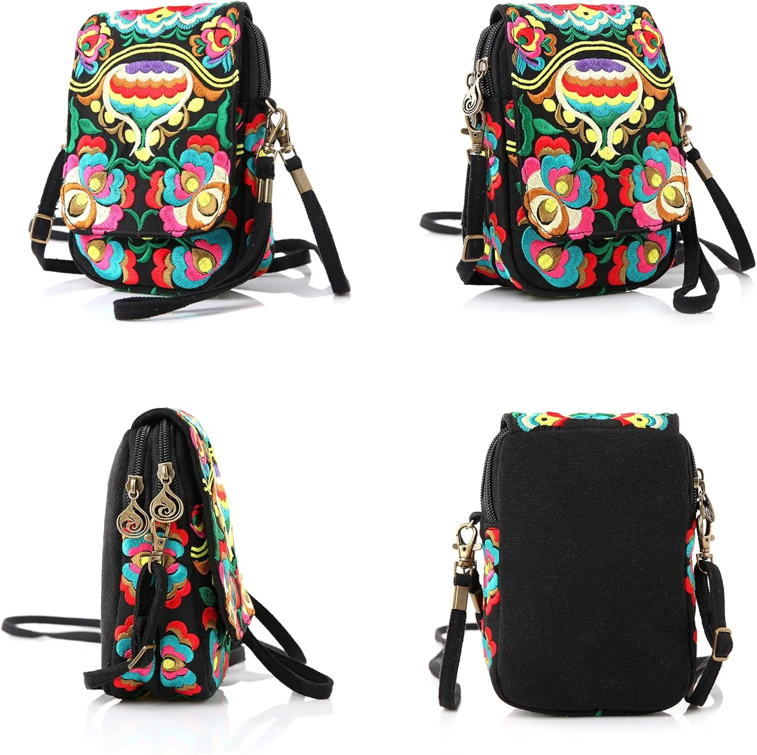 Goodhan Flowers Embroidery Canvas Crossbody Bag, Women Messenger Bag, Cellphone Pouch Purse