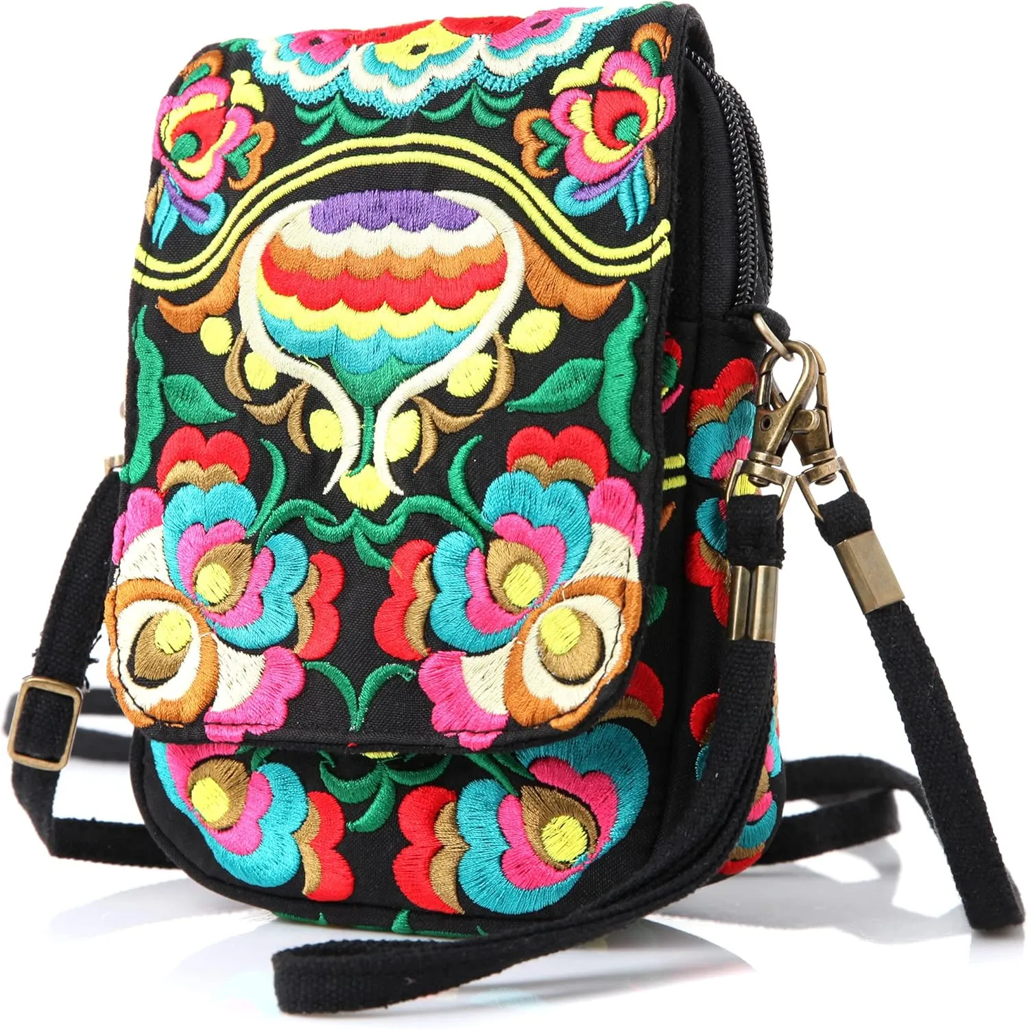 Goodhan Flowers Embroidery Canvas Crossbody Bag, Women Messenger Bag, Cellphone Pouch Purse