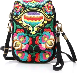 Goodhan Flowers Embroidery Canvas Crossbody Bag, Women Messenger Bag, Cellphone Pouch Purse