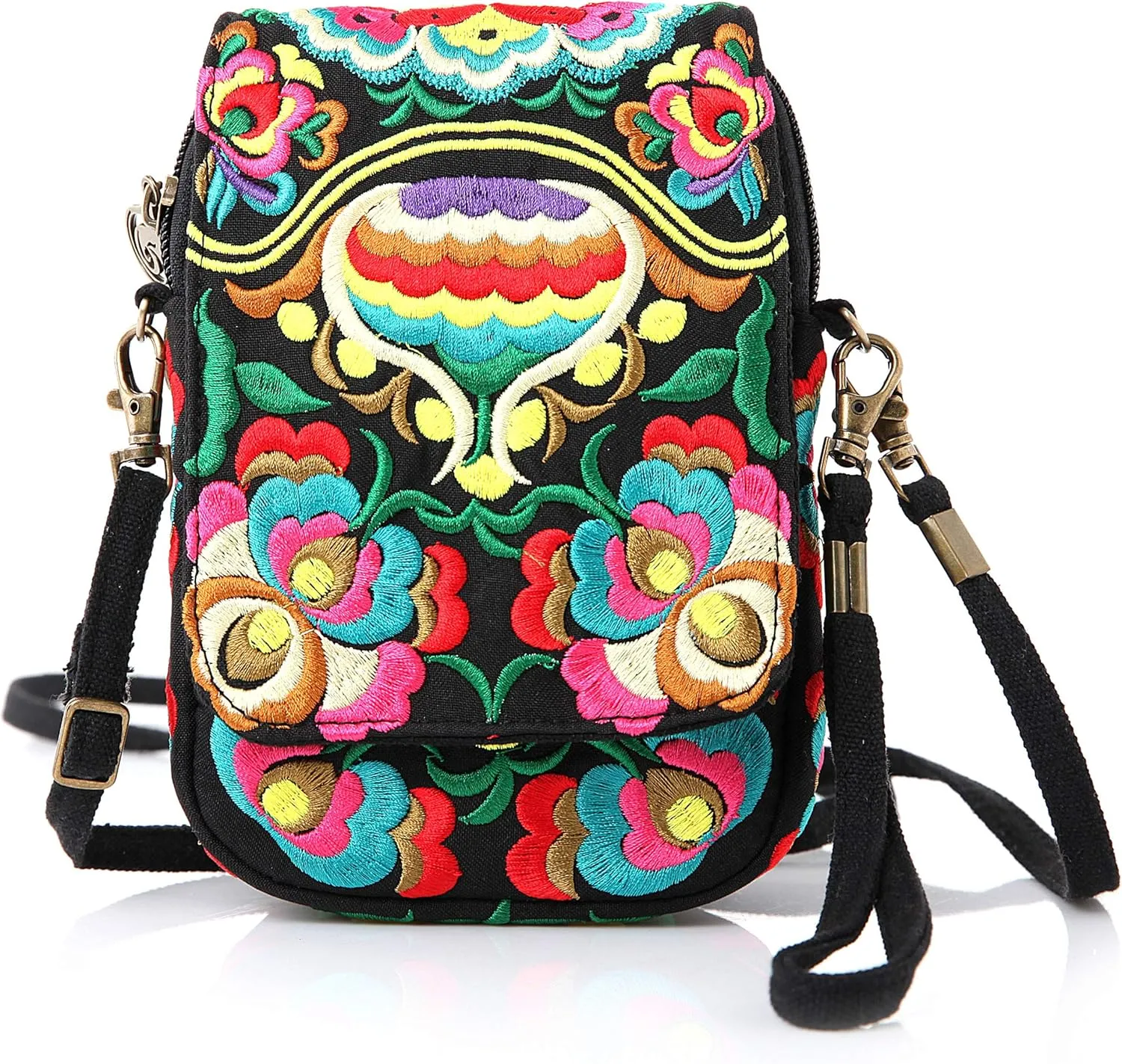 Goodhan Flowers Embroidery Canvas Crossbody Bag, Women Messenger Bag, Cellphone Pouch Purse