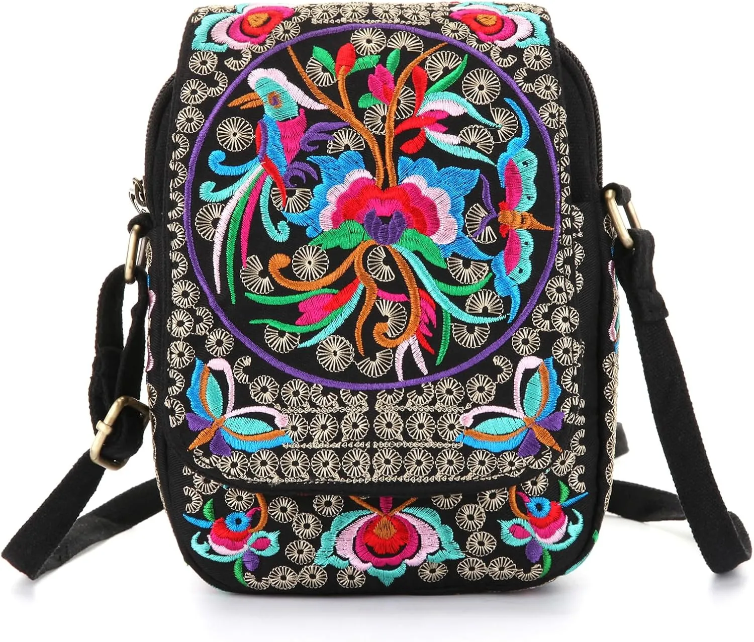 Goodhan Vintage Crossbody Bag Flower Embroidered Cellphone Purse Small Handbag Coin Purse, Bigger Version