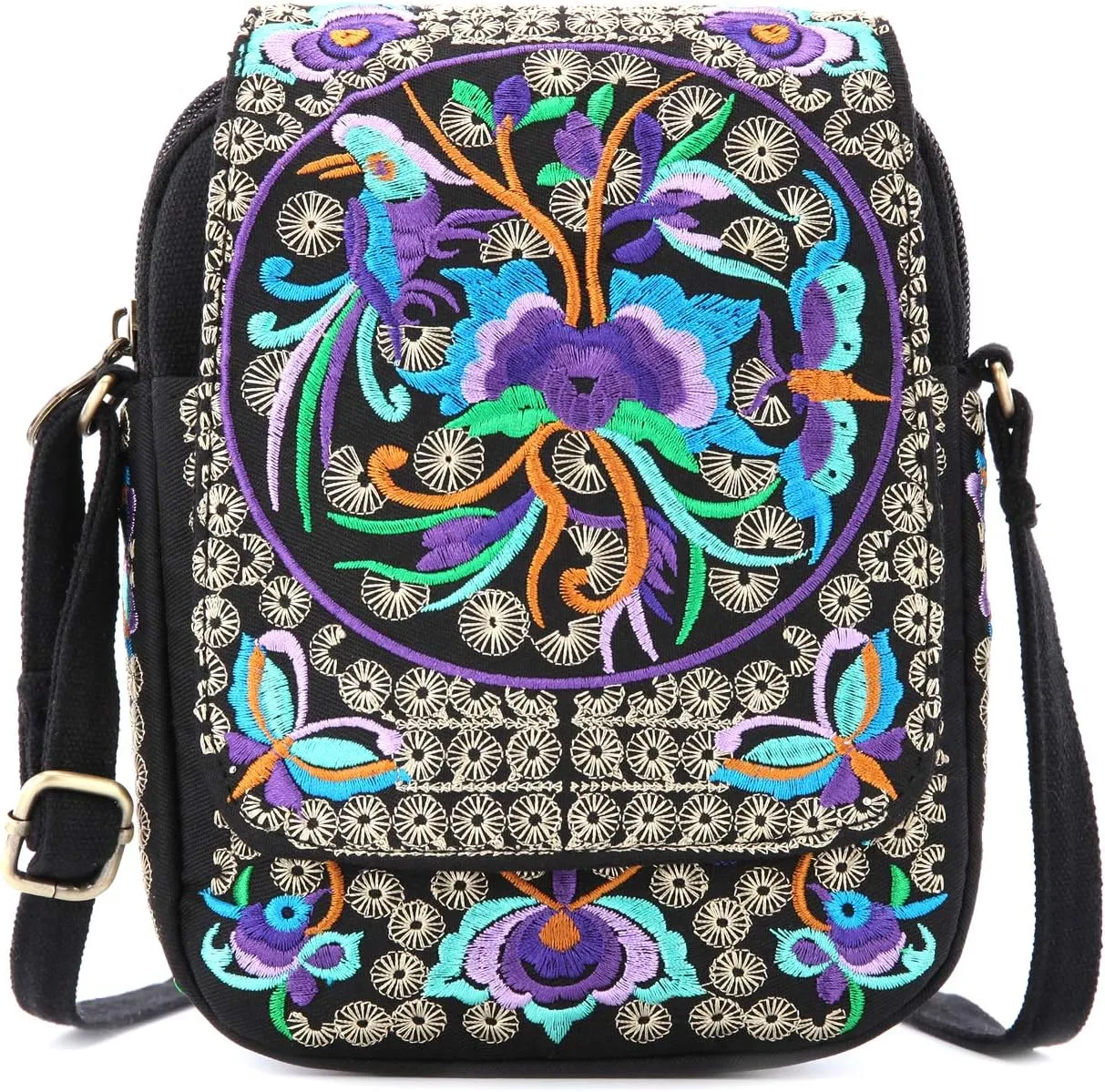 Goodhan Vintage Crossbody Bag Flower Embroidered Cellphone Purse Small Handbag Coin Purse, Bigger Version