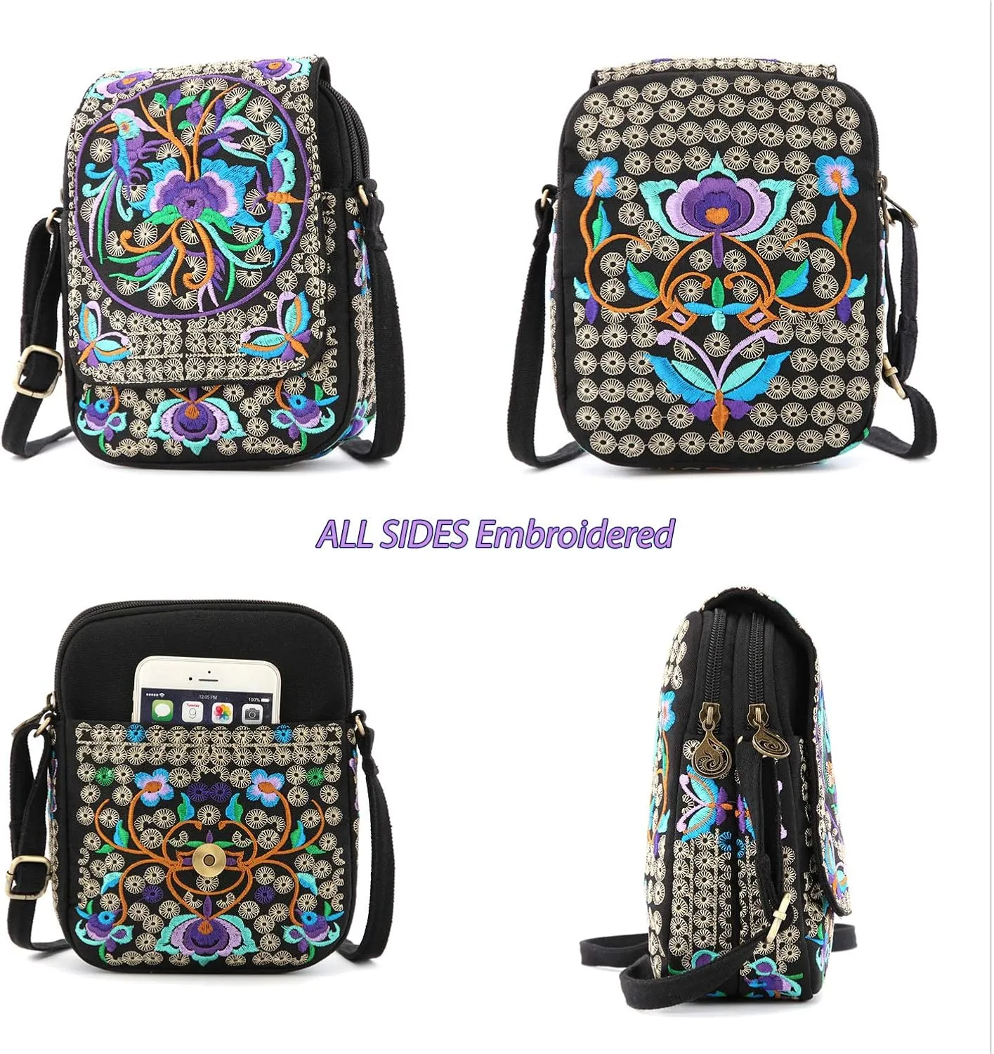 Goodhan Vintage Crossbody Bag Flower Embroidered Cellphone Purse Small Handbag Coin Purse, Bigger Version