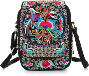 Goodhan Vintage Crossbody Bag Flower Embroidered Cellphone Purse Small Handbag Coin Purse, Bigger Version