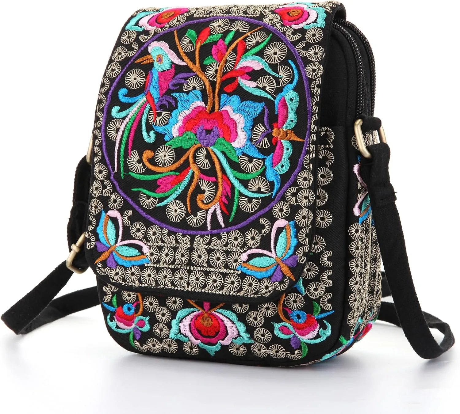 Goodhan Vintage Crossbody Bag Flower Embroidered Cellphone Purse Small Handbag Coin Purse, Bigger Version