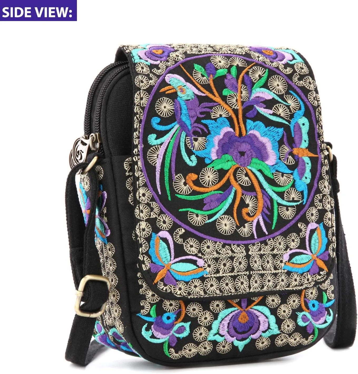 Goodhan Vintage Crossbody Bag Flower Embroidered Cellphone Purse Small Handbag Coin Purse, Bigger Version