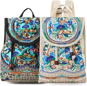 Goodhan Vintage Embroidered Backpack Purse for Women Travel Handbag Shoulder Bag Blue Flowers 3D