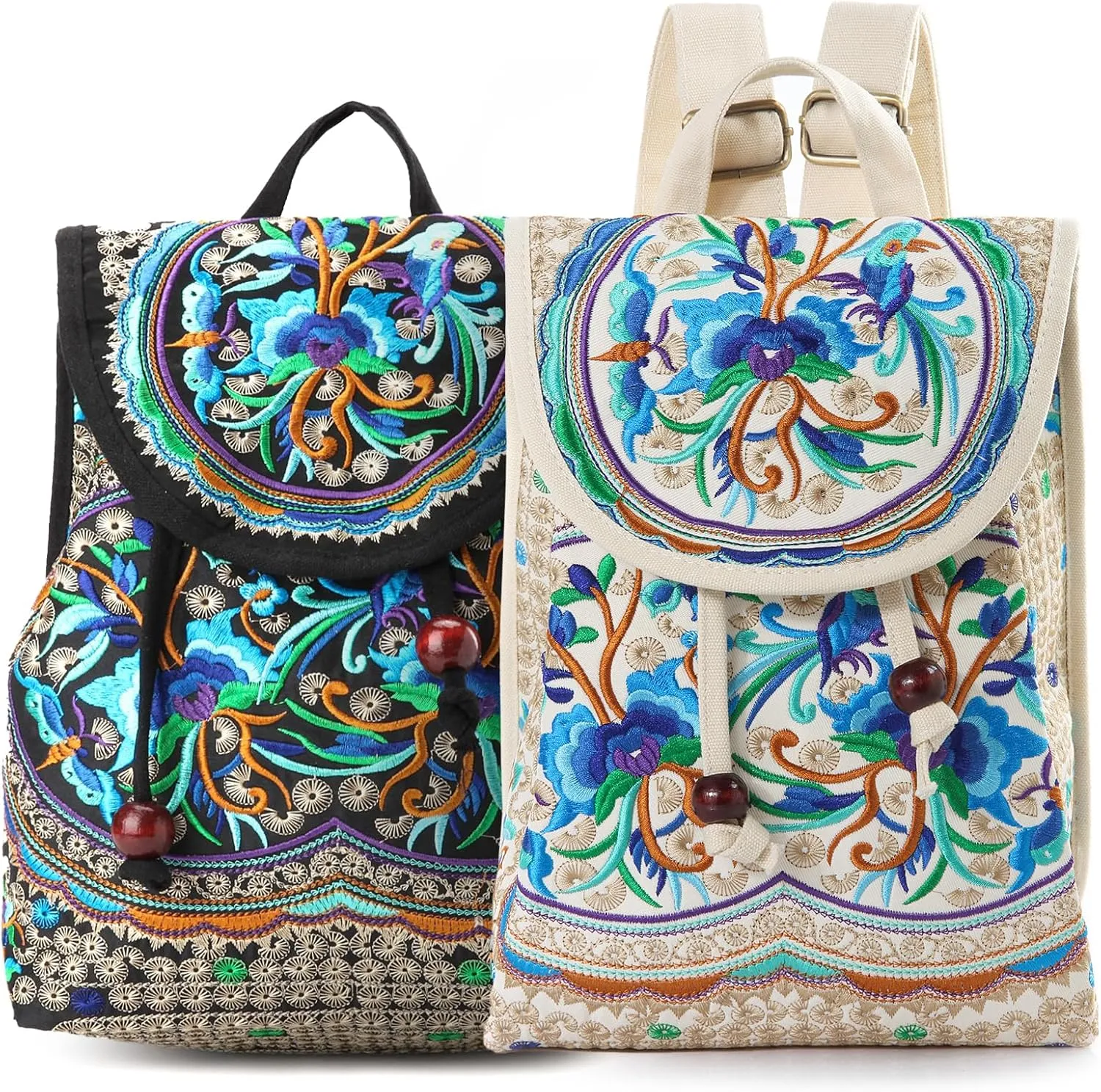 Goodhan Vintage Embroidered Backpack Purse for Women Travel Handbag Shoulder Bag Blue Flowers 3D