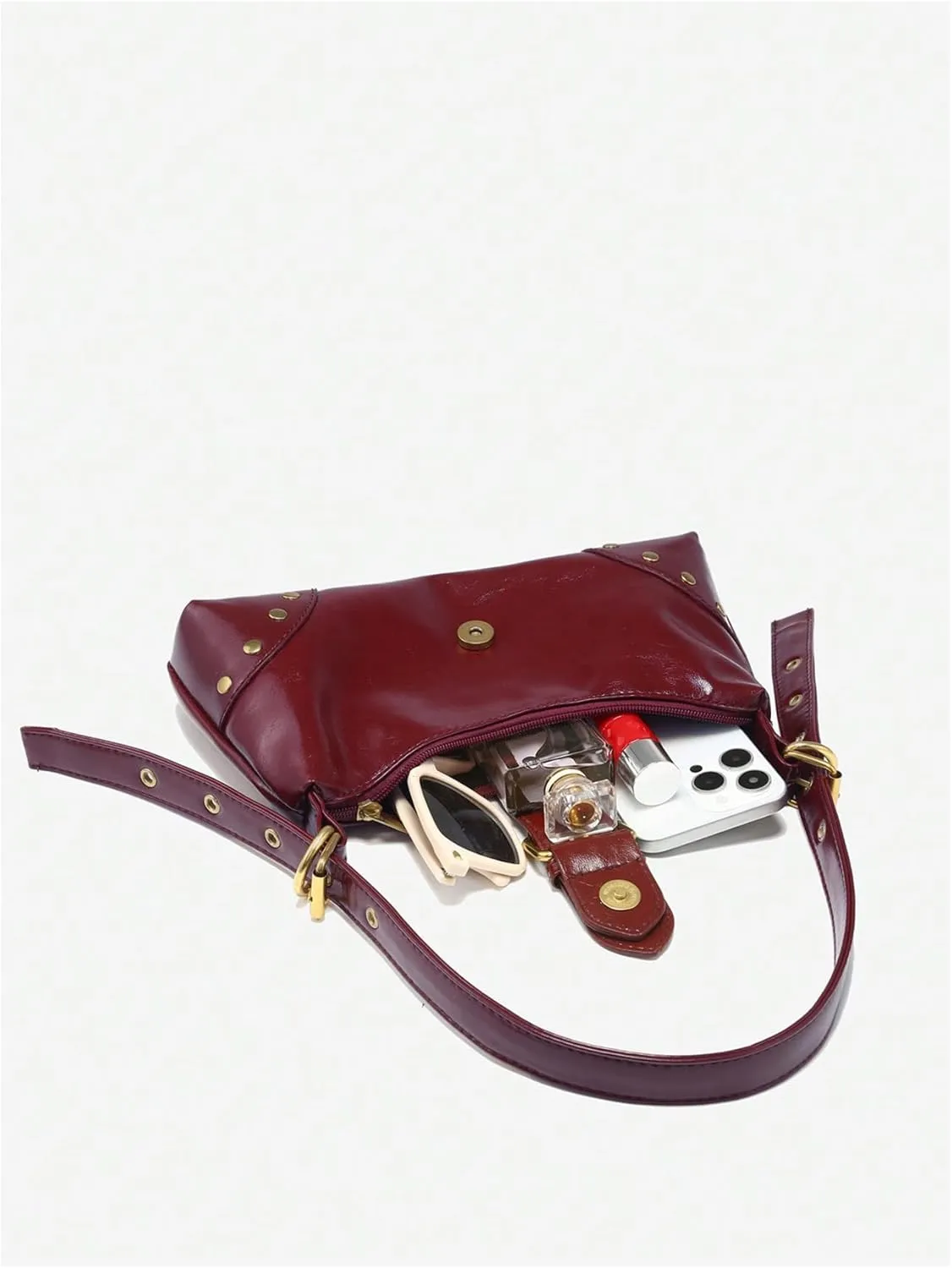 GORGLITTER Women's Metal Studded Suqare Bag Flap Buckle Punk Purse Pu Leather Shoulder Handbags