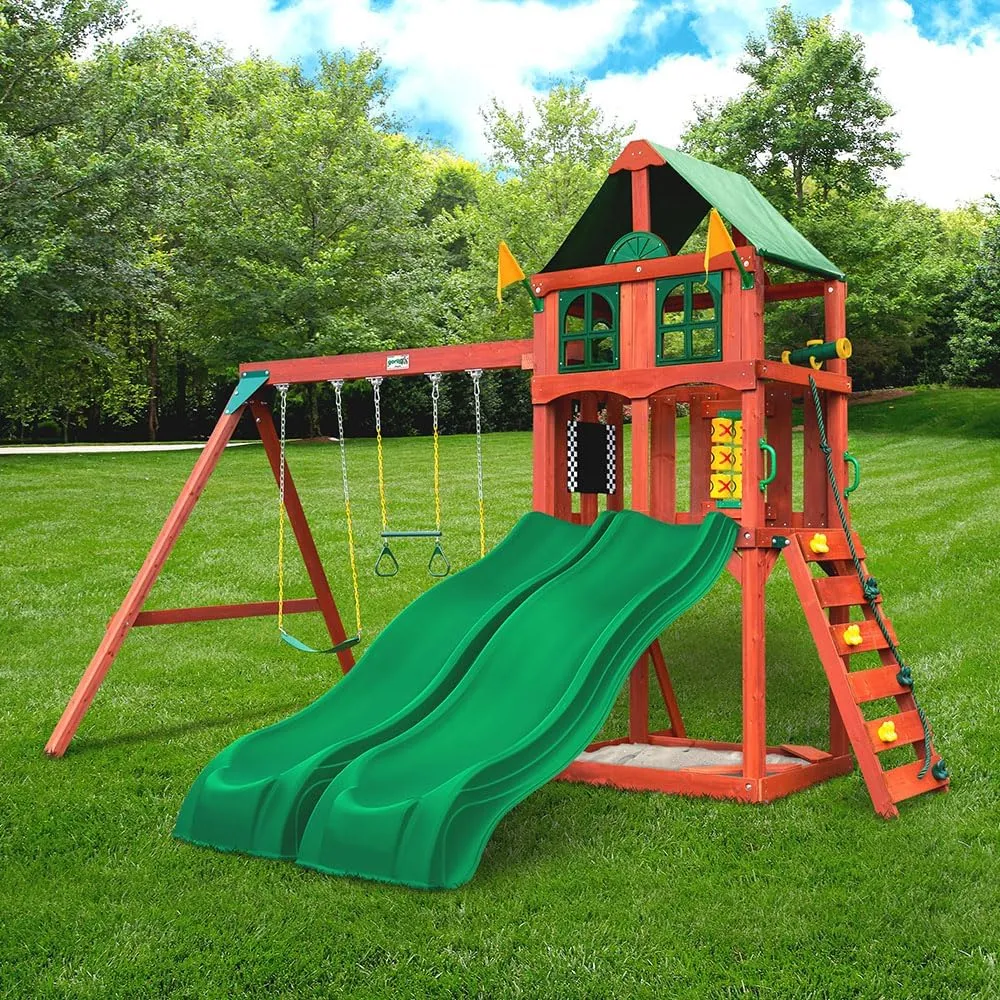 Gorilla Playsets 01-1057 Playmaker Deluxe Wooden Swing Set with Vinyl Canopy Roof, Dual Wave Slides, and Rock Climbing Wall, Redwood Stained Cedar