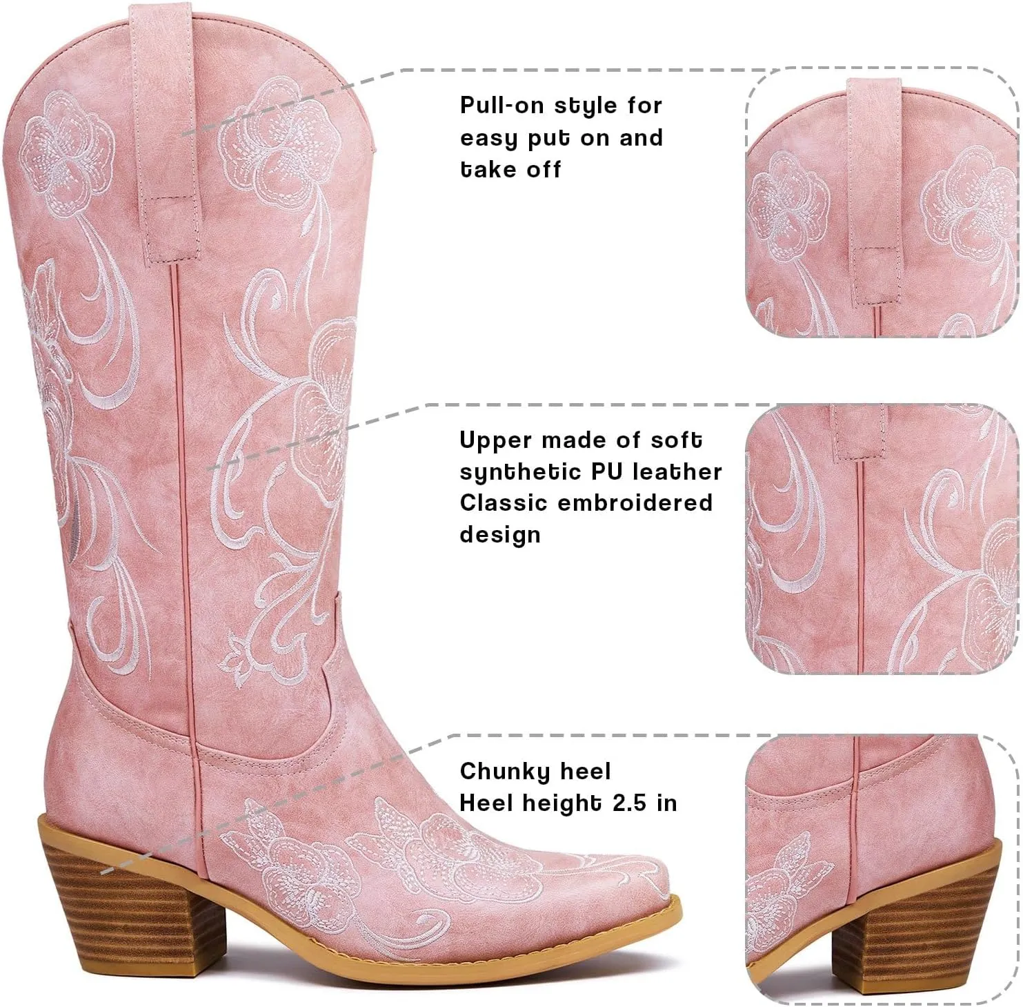 GOSERCE Cowboy Boots for Women Cowgirl Mid Calf Boots Floral Embroidery Pointed Toe Chunky Heel 2.5" Pull-On Fashion