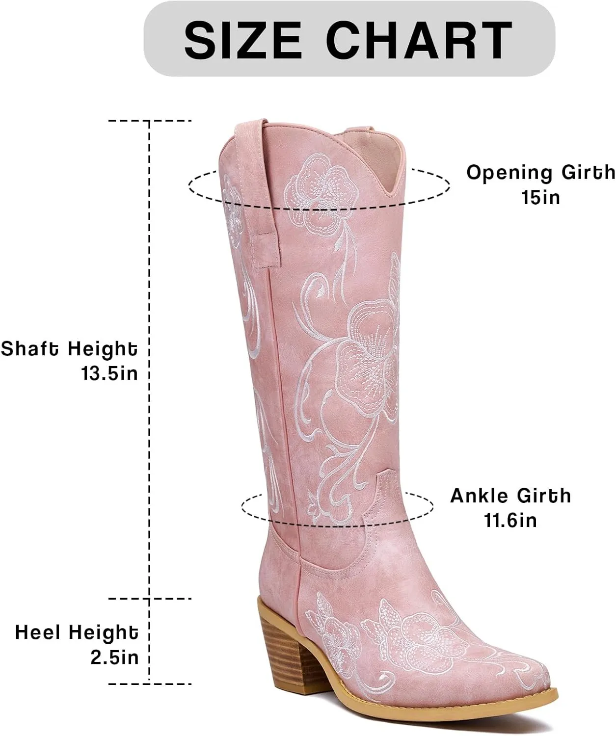 GOSERCE Cowboy Boots for Women Cowgirl Mid Calf Boots Floral Embroidery Pointed Toe Chunky Heel 2.5" Pull-On Fashion