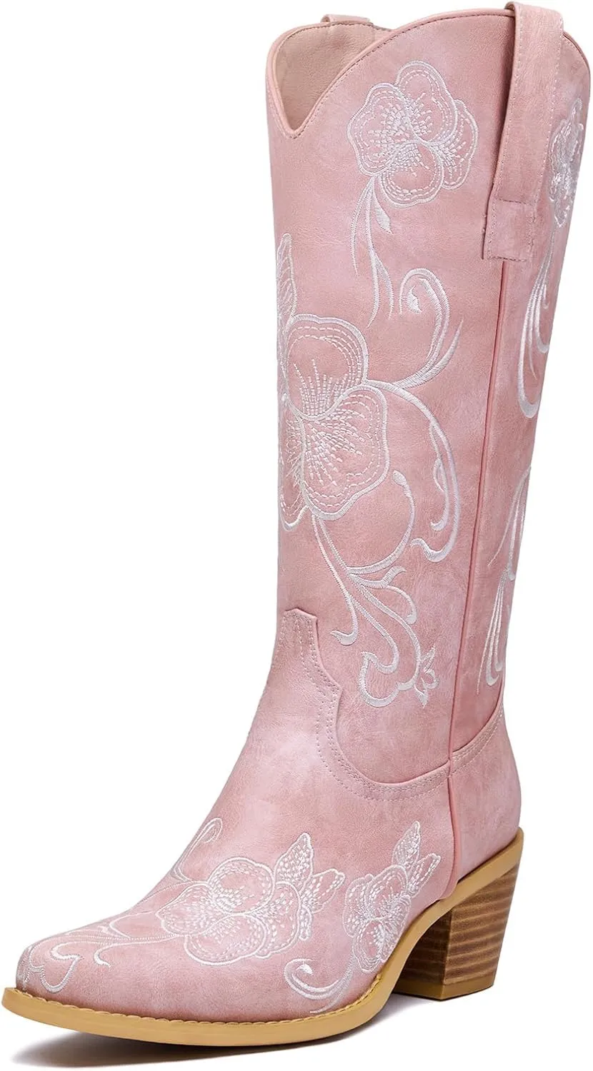 GOSERCE Cowboy Boots for Women Cowgirl Mid Calf Boots Floral Embroidery Pointed Toe Chunky Heel 2.5" Pull-On Fashion