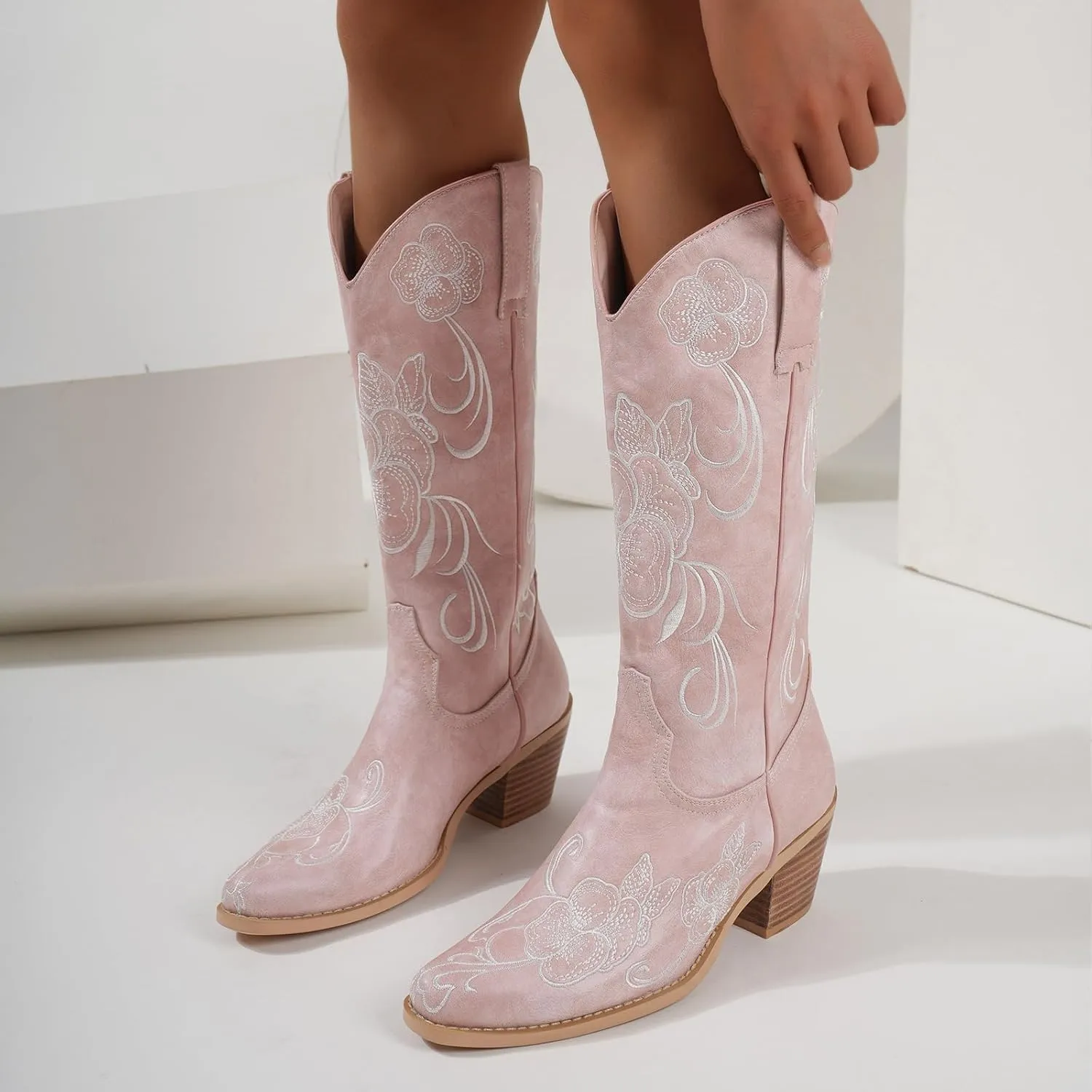 GOSERCE Cowboy Boots for Women Cowgirl Mid Calf Boots Floral Embroidery Pointed Toe Chunky Heel 2.5" Pull-On Fashion