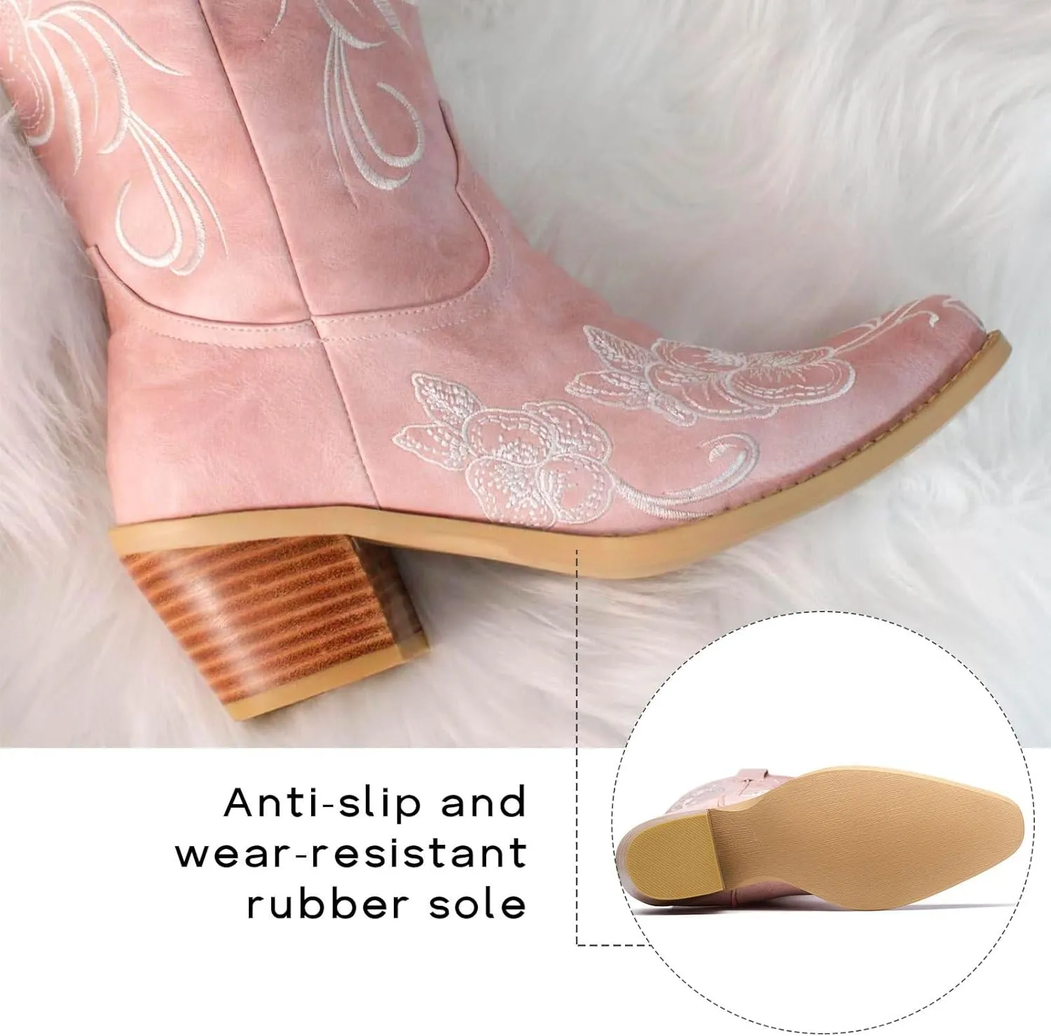 GOSERCE Cowboy Boots for Women Cowgirl Mid Calf Boots Floral Embroidery Pointed Toe Chunky Heel 2.5" Pull-On Fashion