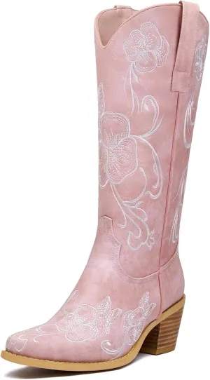 GOSERCE Cowboy Boots for Women Cowgirl Mid Calf Boots Floral Embroidery Pointed Toe Chunky Heel 2.5" Pull-On Fashion