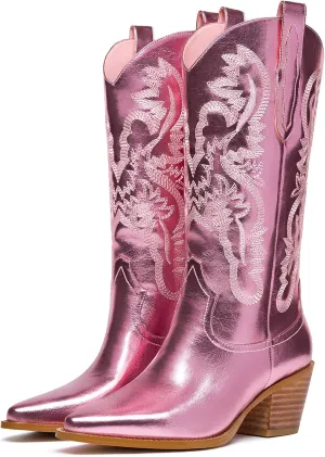 GOSERCE Cowboy Boots for Women - Metallic Mid Calf Cowgirl Boots with Embroidery Sparkly Western Wide Calf Short Boots Fashion Pull on Pointy Toe Chunky Stacked Heel 2.5"