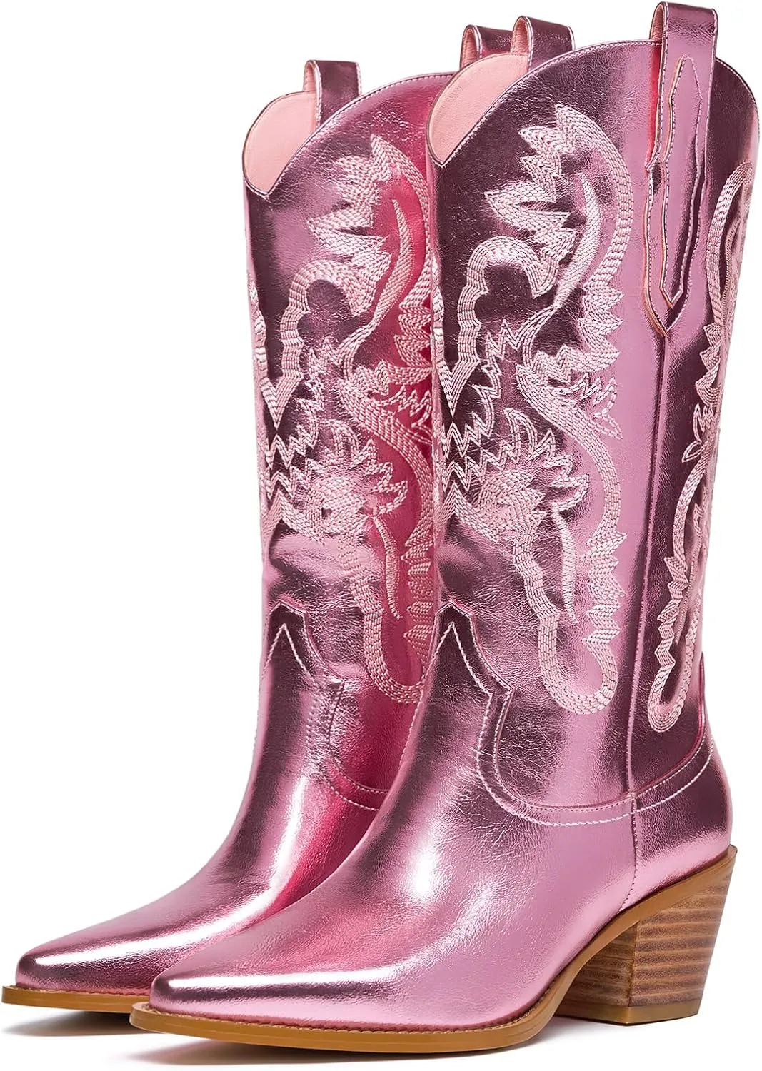 GOSERCE Cowboy Boots for Women - Metallic Mid Calf Cowgirl Boots with Embroidery Sparkly Western Wide Calf Short Boots Fashion Pull on Pointy Toe Chunky Stacked Heel 2.5"