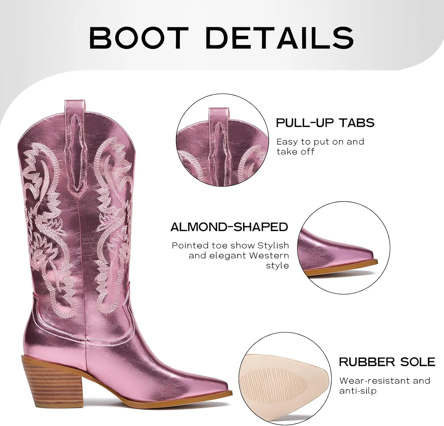 GOSERCE Cowboy Boots for Women - Metallic Mid Calf Cowgirl Boots with Embroidery Sparkly Western Wide Calf Short Boots Fashion Pull on Pointy Toe Chunky Stacked Heel 2.5"
