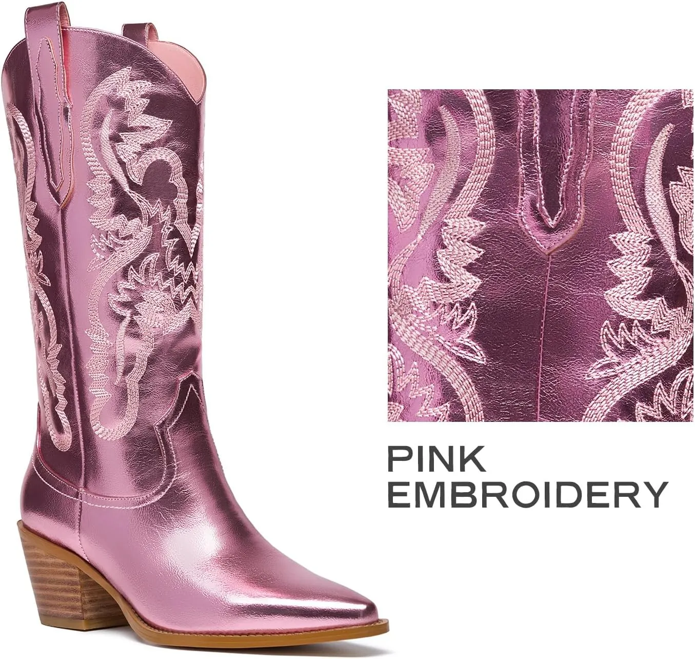 GOSERCE Cowboy Boots for Women - Metallic Mid Calf Cowgirl Boots with Embroidery Sparkly Western Wide Calf Short Boots Fashion Pull on Pointy Toe Chunky Stacked Heel 2.5"