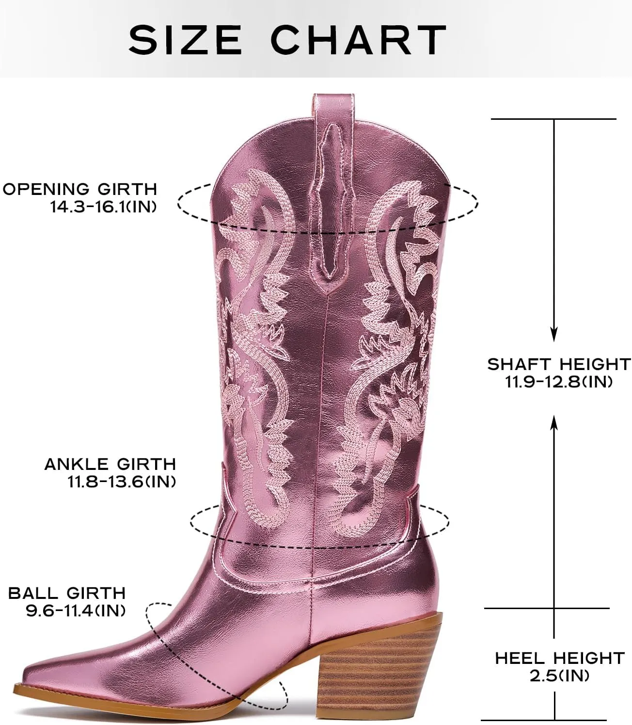 GOSERCE Cowboy Boots for Women - Metallic Mid Calf Cowgirl Boots with Embroidery Sparkly Western Wide Calf Short Boots Fashion Pull on Pointy Toe Chunky Stacked Heel 2.5"