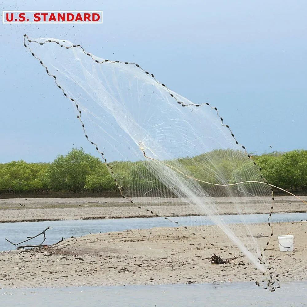 Goture American Fishing Cast Net,Casting Nets Freshwater Saltwater for Bait Fish Shrimp Trap 3ft/4ft/6ft/7ft/8ft/10ft/12ft Radius 1/4 3/8inch Mesh Size,Throw Fishing Castnet with Needle Shuttle