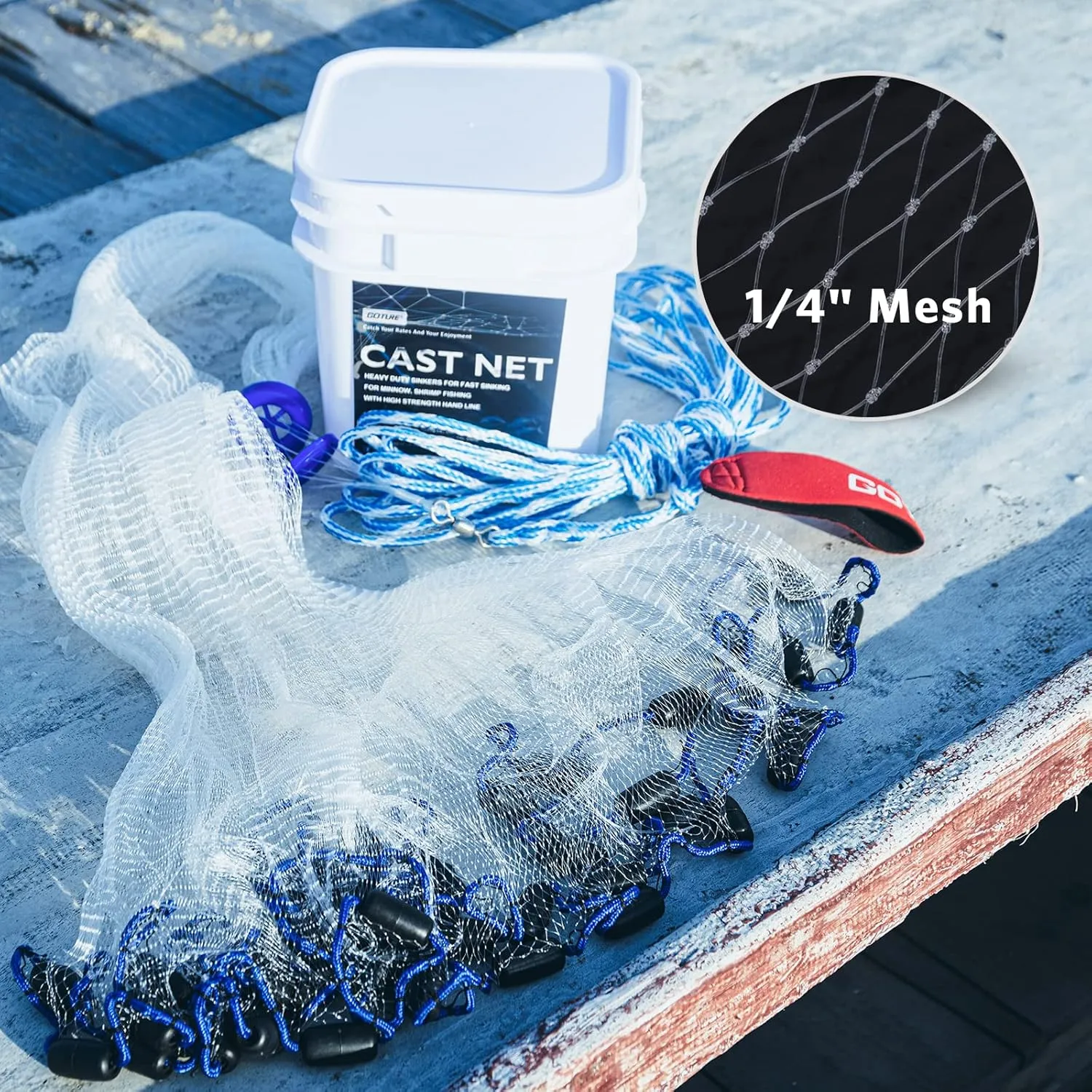 Goture American Fishing Cast Net,Casting Nets Freshwater Saltwater for Bait Fish Shrimp Trap 3ft/4ft/6ft/7ft/8ft/10ft/12ft Radius 1/4 3/8inch Mesh Size,Throw Fishing Castnet with Needle Shuttle