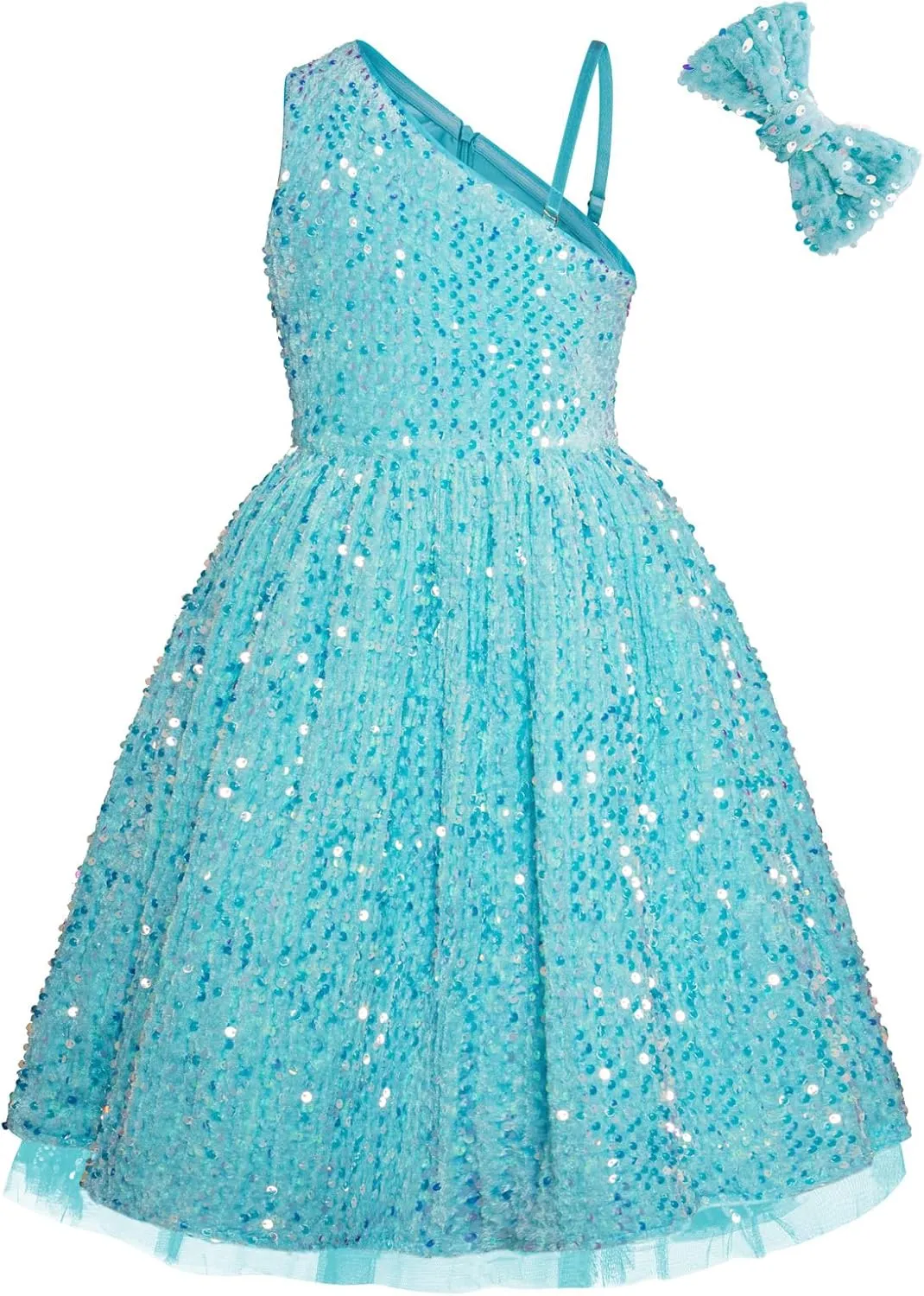 GRACE KARIN Girls Sequin Dress One Shoulder Wedding Party Gown with Hair Bow 5-12Y