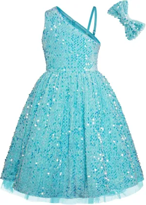 GRACE KARIN Girls Sequin Dress One Shoulder Wedding Party Gown with Hair Bow 5-12Y