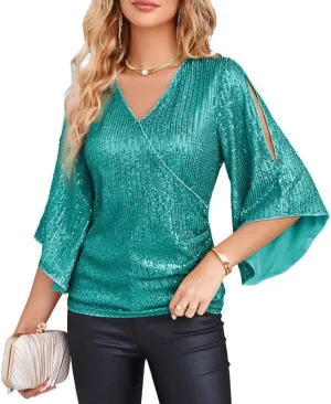 GRACE KARIN Womens Sequin Tops 3/4 Sleeve Glitter Sparkly Party Blouse V-Neck Dressy Tops for Evening Party