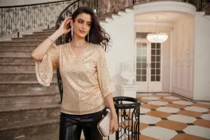 GRACE KARIN Womens Sequin Tops 3/4 Sleeve Glitter Sparkly Party Blouse V-Neck Dressy Tops for Evening Party