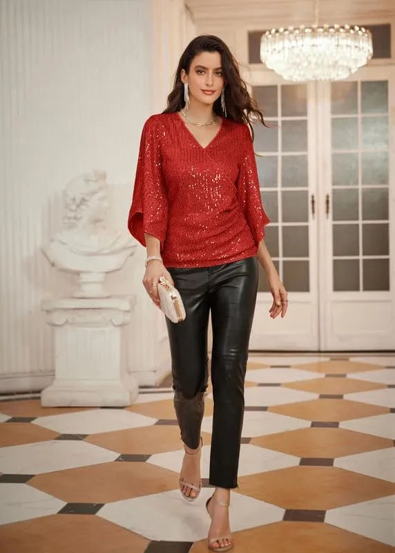 GRACE KARIN Womens Sequin Tops 3/4 Sleeve Glitter Sparkly Party Blouse V-Neck Dressy Tops for Evening Party