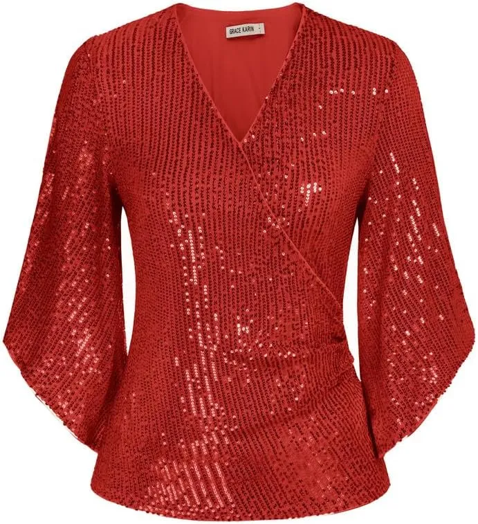 GRACE KARIN Womens Sequin Tops 3/4 Sleeve Glitter Sparkly Party Blouse V-Neck Dressy Tops for Evening Party
