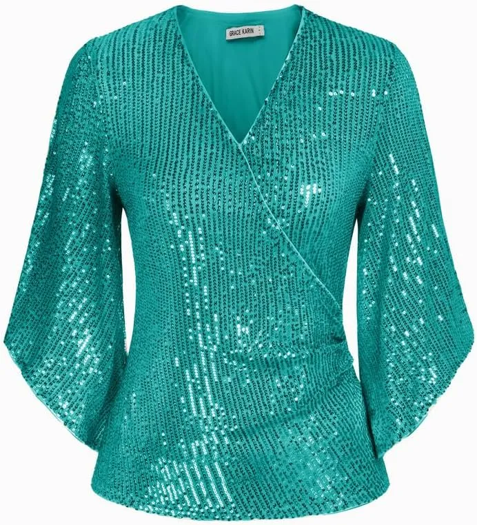 GRACE KARIN Womens Sequin Tops 3/4 Sleeve Glitter Sparkly Party Blouse V-Neck Dressy Tops for Evening Party