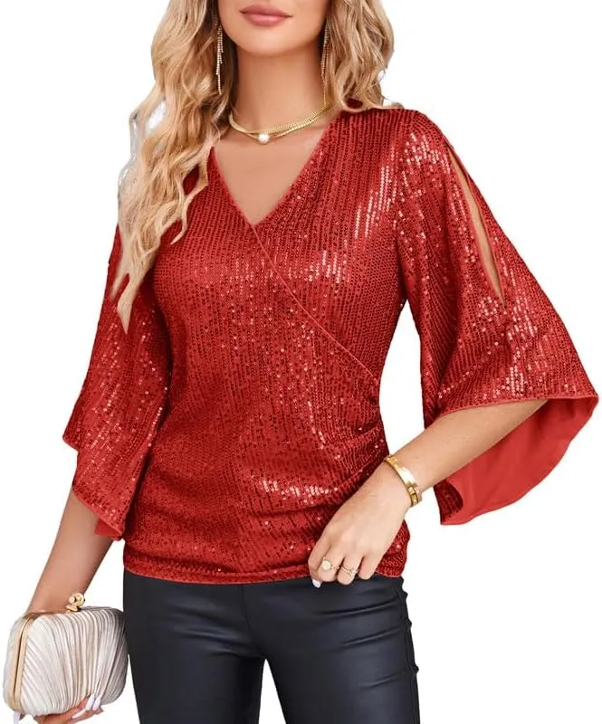 GRACE KARIN Womens Sequin Tops 3/4 Sleeve Glitter Sparkly Party Blouse V-Neck Dressy Tops for Evening Party