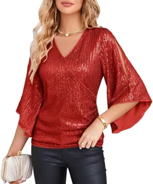 GRACE KARIN Womens Sequin Tops 3/4 Sleeve Glitter Sparkly Party Blouse V-Neck Dressy Tops for Evening Party