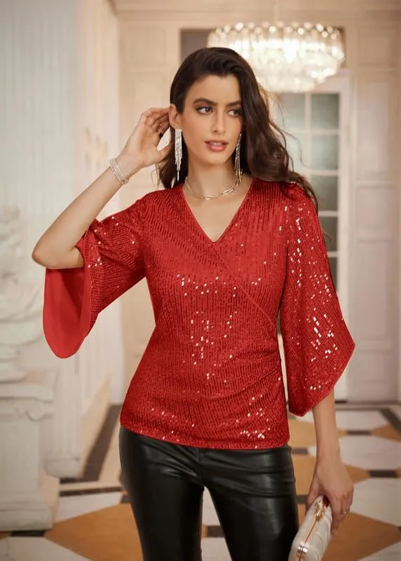 GRACE KARIN Womens Sequin Tops 3/4 Sleeve Glitter Sparkly Party Blouse V-Neck Dressy Tops for Evening Party