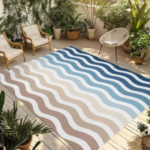 Gradient Blue Outdoor Rug 5x8ft Large Patio Rug,Washable RV Camping Outside Area Runner Rug Mat,Modern Geometric Brown White Ocean Striped Carpet for Picnic Backyard Deck Porch Balcony Beach & Indoor