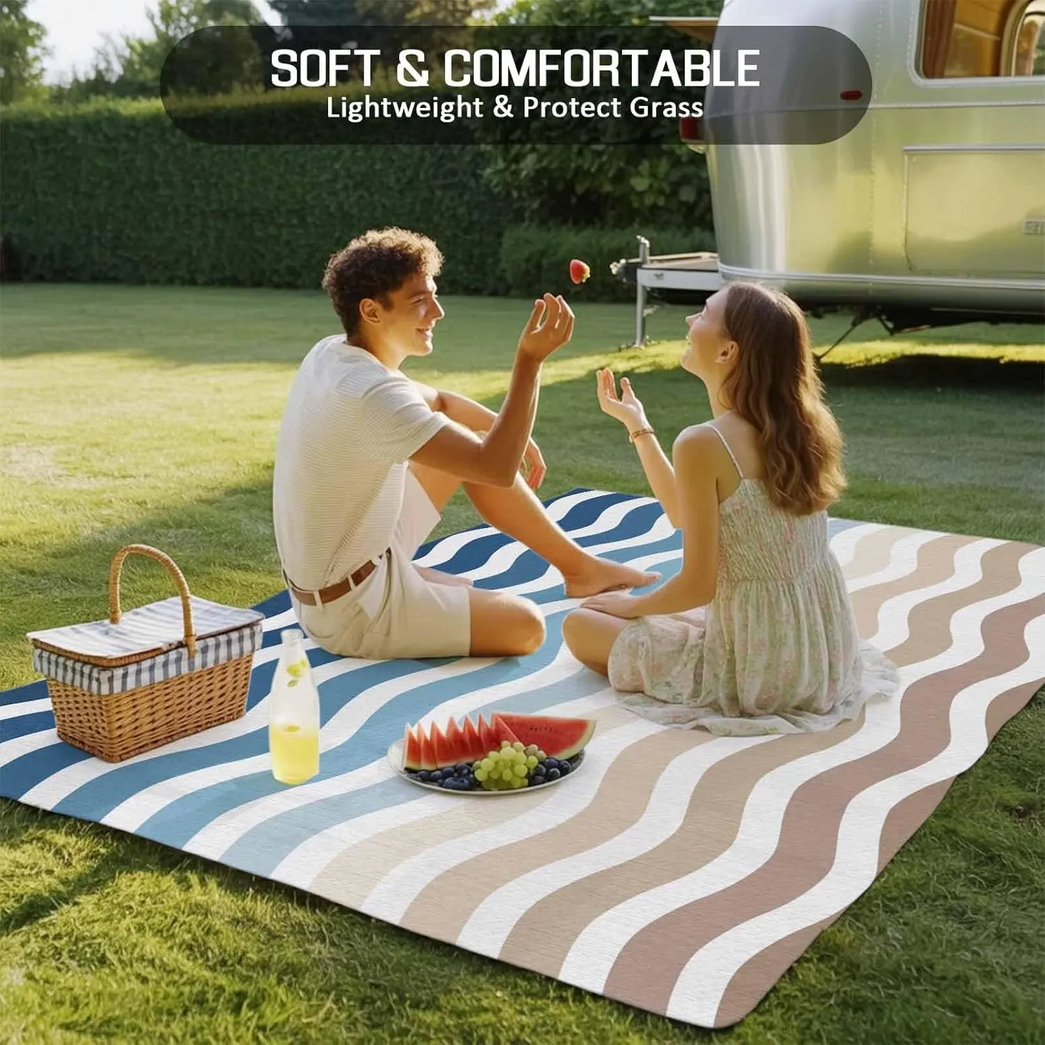Gradient Blue Outdoor Rug 5x8ft Large Patio Rug,Washable RV Camping Outside Area Runner Rug Mat,Modern Geometric Brown White Ocean Striped Carpet for Picnic Backyard Deck Porch Balcony Beach & Indoor